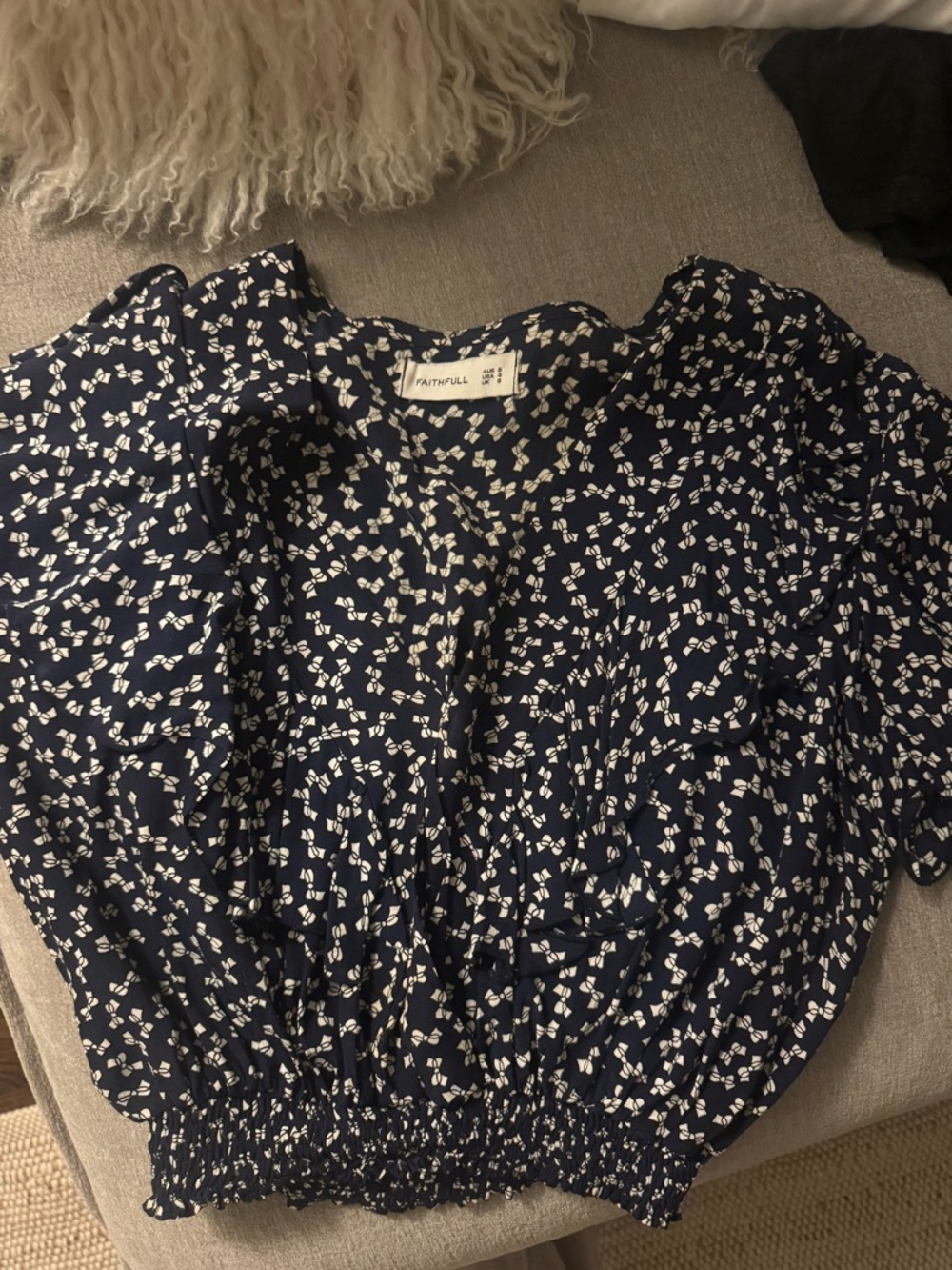 Faithfull the Brand Navy and White Floral V-Neck Smocked Blouse